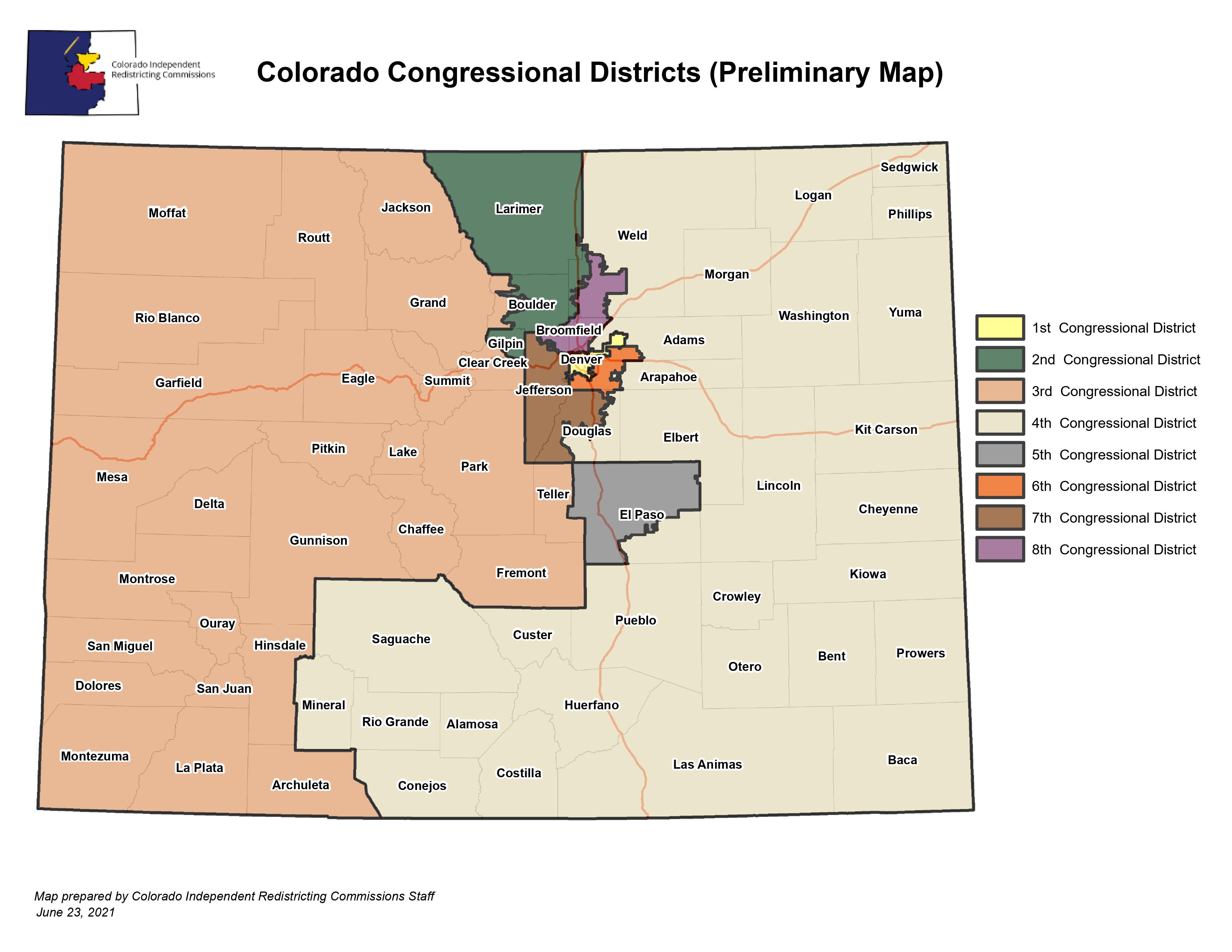 On Wednesday, Colorado’s new Congressional Commission staff released a first map of the newly drawn eight congressional districts. It will next be taken around the state by the 12-member Congressional Commission to gather public input.       In an interview with KOA’s morning host, April Zesbaugh, she asked about the placement of the newest district in the north Denver metro area. The district location was suggested by the Hispanic community. Its placement is logical given the rapid growth in the area. Demo