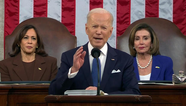 President Biden delivers his State of the Union address on March 1, 2022 as Vice President Kamala Harris (L) and Speaker Nancy Pelosi listen | CBS NEWS