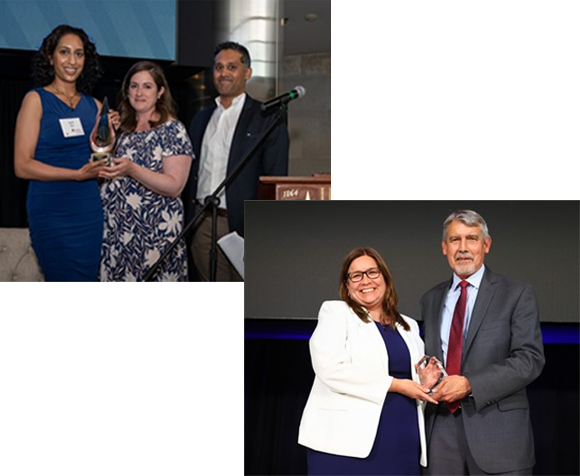 Picture in upper left corner with Anil Raj's friends and family accepting award. Picture in lower right corner with Claudia Fuentes Julio accepting her award