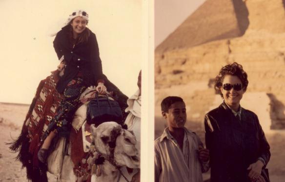 Mother and Daughter in Egypt, Melinda riding a camel and Marie-Louise in front of the pyramids