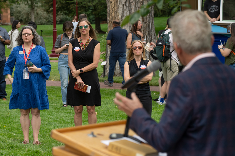 Chancellor Jermey Haefner reading from the Grapes of Wrath, a banned book, during a Constitution Day Event