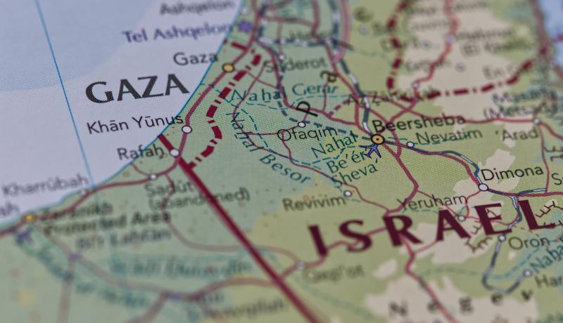 A close-up of a map showing both Gaza and Israel.