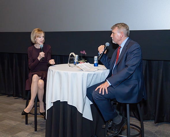 Judy Woodruff speaks with Dean Fritz Mayer at the 2024 Korbel Honors event.