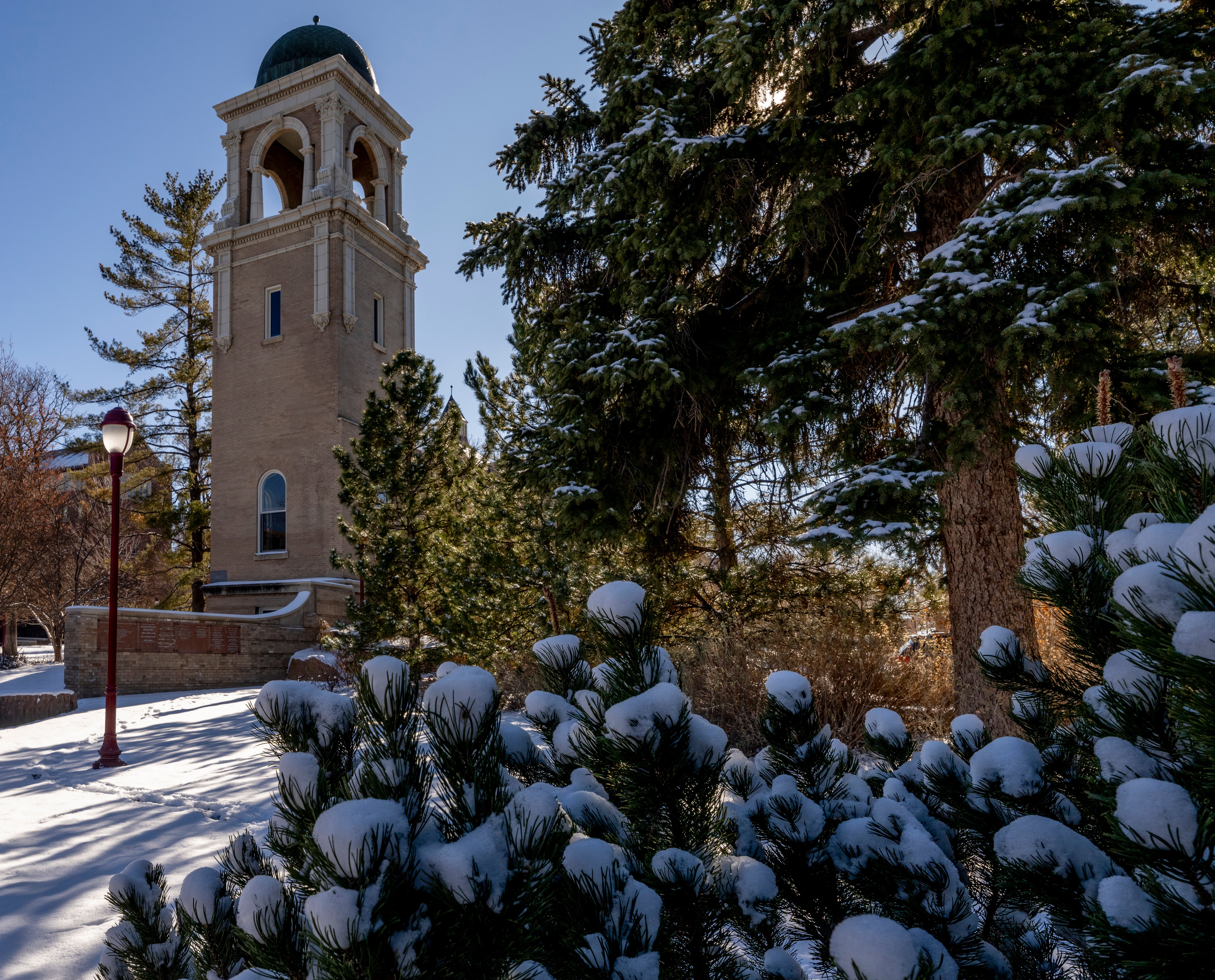 A snowy scene on the University of Denver campus.