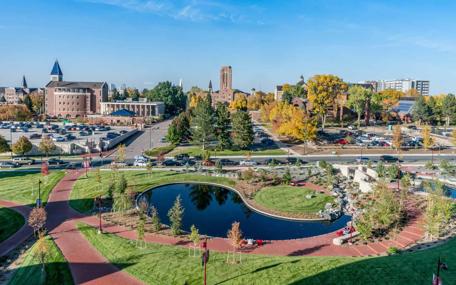 Aerial shot of University of Denver campus in the Spring