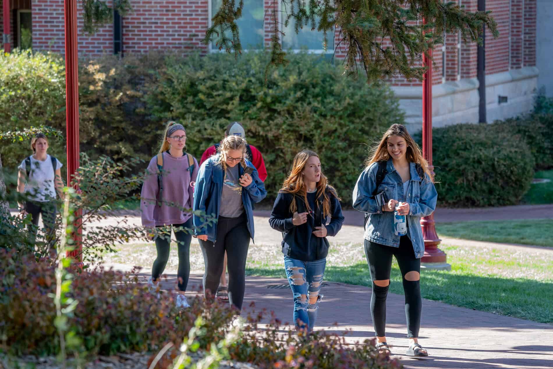 A group of students walking to class outside.