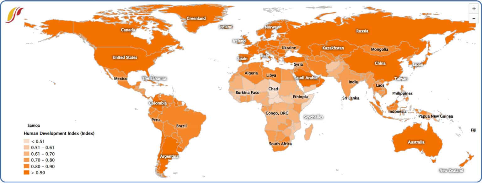 Map of the globe on IFs model landing page showing Human Development Index of each country.